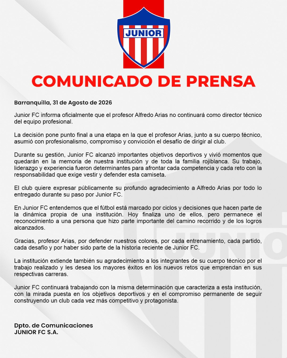 El comunicado que decretó la salida del profesor Arias del Junior. Fuente: @JuniorClubSA en X