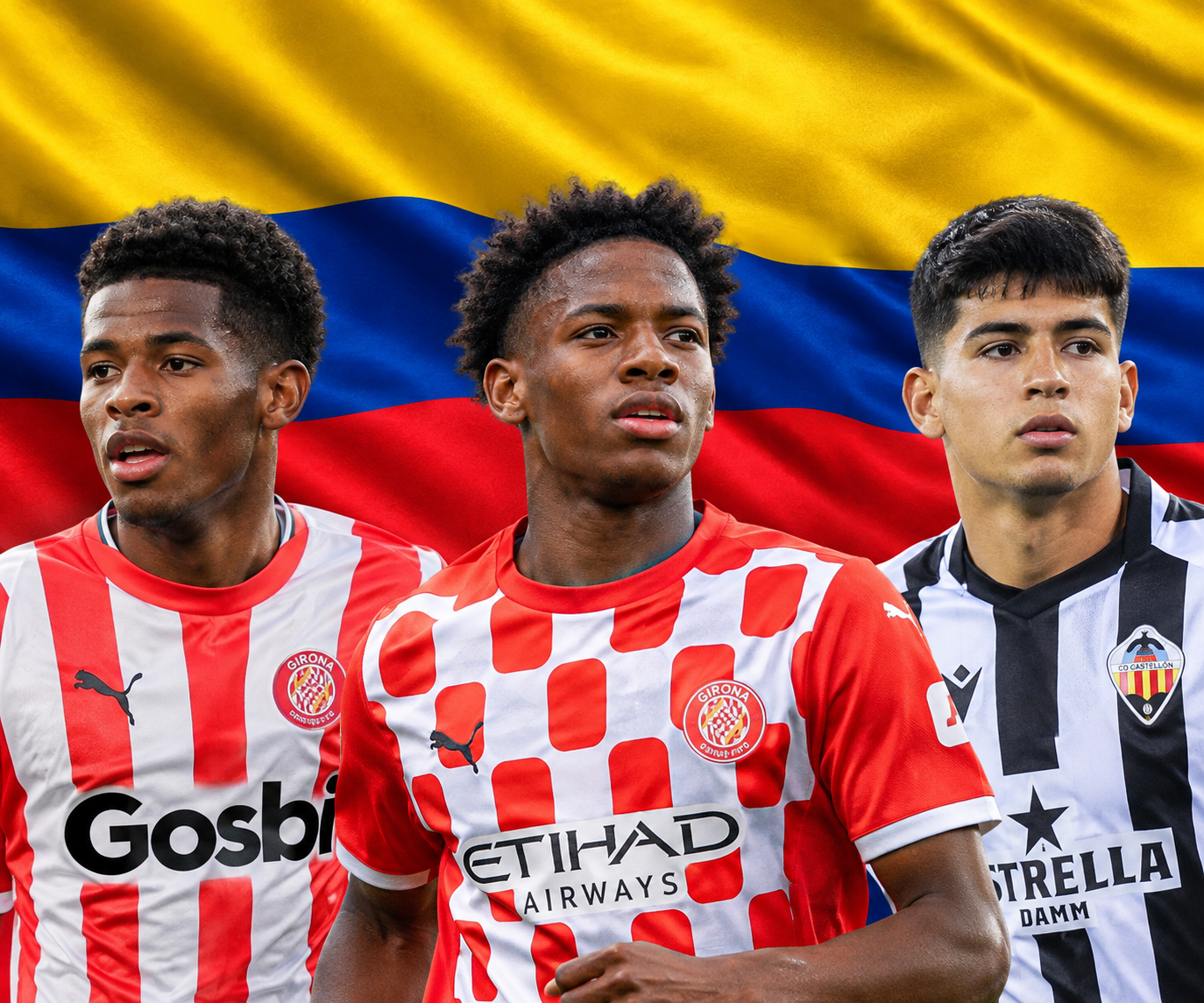 Tres futbolistas colombianos con camisetas de clubes españoles frente a la bandera de Colombia.