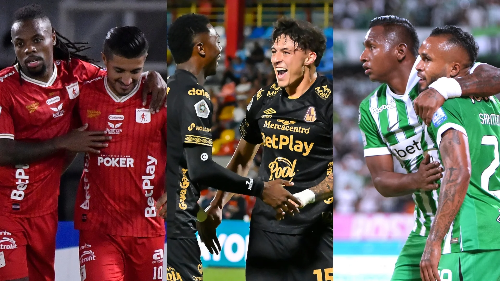 Jugadores de América de Cali, Deportes Tolima y Atlético Nacional durante partidos del fútbol colombiano.